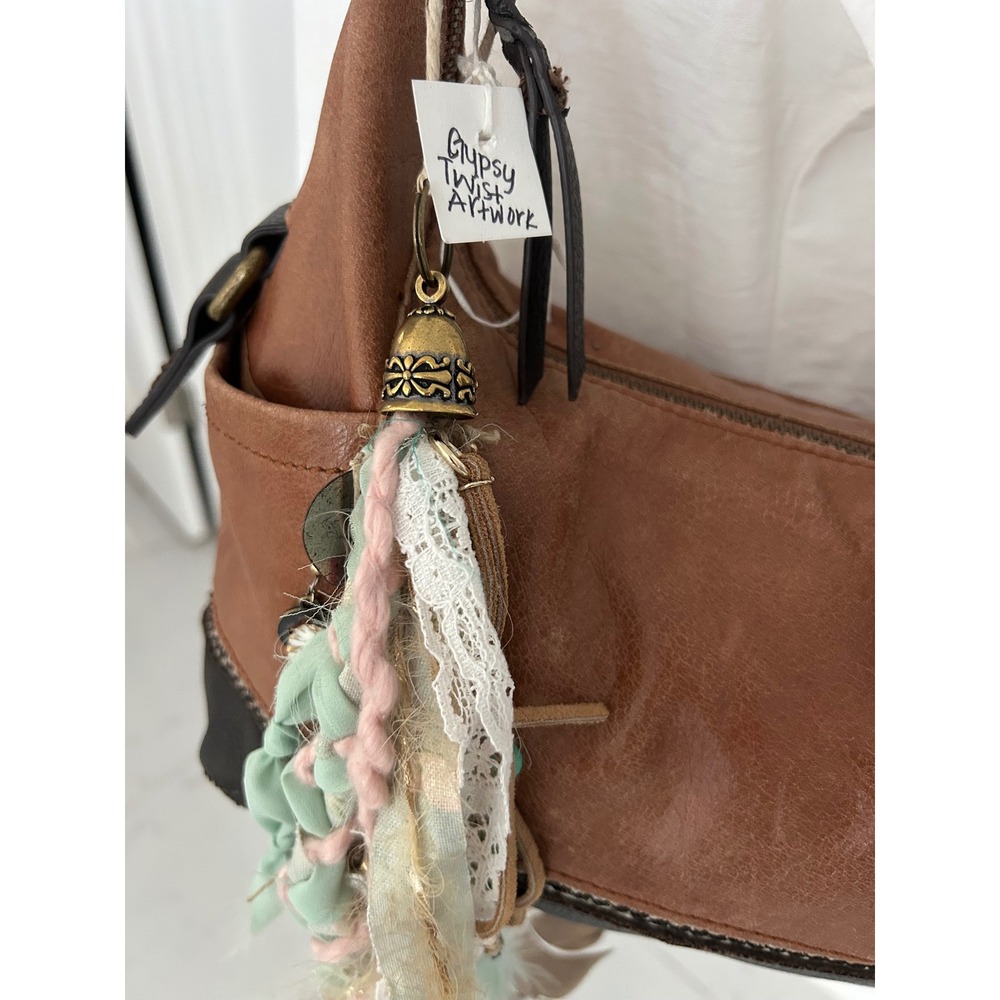 Gypsy Twist Artwork Boho Bag Charm Tassel Keychain Shell Feather Lace Mint Pink